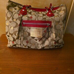 Coach Cream and Red Shoulder Bag with Signature Monogram